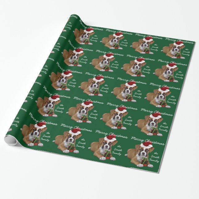 緑のクリスマスのボクサーの子犬の包装紙 ラッピングペーパー (アンロールド)