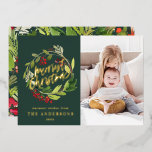 緑のクリスマスの植物エレガントモダン写真 箔シーズンカード<br><div class="desc">メリーフローラ写真赤と緑の植物学エレガントモダンミニマルタイポグラフィホイルカード。コレクションの一部。</div>