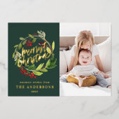 緑のクリスマスの植物エレガントモダン写真 箔シーズンカード (正面)