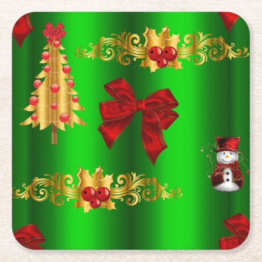 緑のクリスマスの飾り スクエアペーパーコースター (正面)