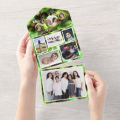 緑のクリスマスオーナメントは家族の写真の休日を追加 オールインワン招待状 (貼ってはがせる)