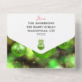 緑のクリスマスオーナメントは家族の写真の休日を追加 オールインワン招待状 (裏面)