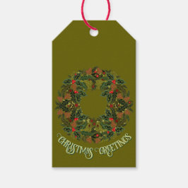 緑のクリスマスカードのカラフルなペイズリーのリース ギフトタグ