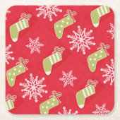 緑のクリスマスストッキングと雪片レッド スクエアペーパーコースター (正面)