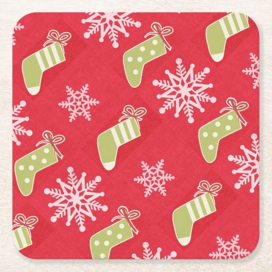 緑のクリスマスストッキングと雪片レッド スクエアペーパーコースター (正面)