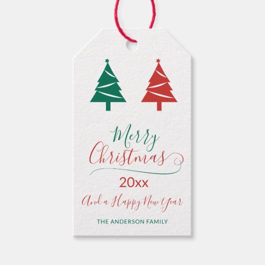 緑のクリスマスツリーとメリークリスマスクラシック ギフトタグ (正面)
