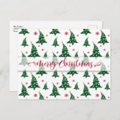 緑のクリスマスツリーと赤い雪片パターン シーズンポストカード (正面/裏面)