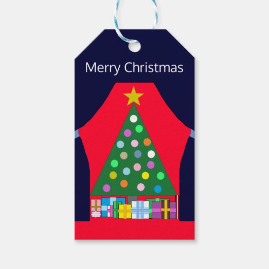 緑のクリスマスツリーと青いカーテン： ギフトタグ (正面)
