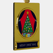 緑のクリスマスツリーと青いカーテン： ゴールドプレートバナーオーナメント (右)