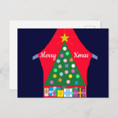 緑のクリスマスツリーと青いカーテン: シーズンポストカード (正面/裏面)