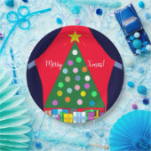 緑のクリスマスツリーと青いカーテン： ペーパープレート (パーティー)