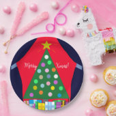 緑のクリスマスツリーと青いカーテン： ペーパープレート (パーティー)