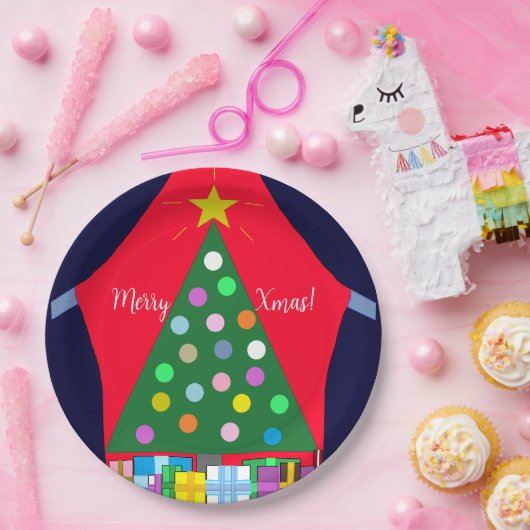 緑のクリスマスツリーと青いカーテン： ペーパープレート (パーティー)