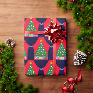 緑のクリスマスツリーと青いカーテン： ラッピングペーパー