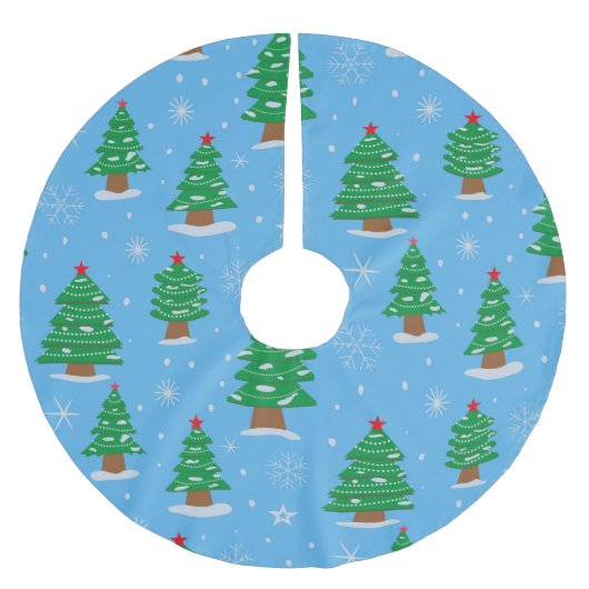 緑のクリスマスツリーと青に降る雪 ブラッシュドポリエステルツリースカート (正面)