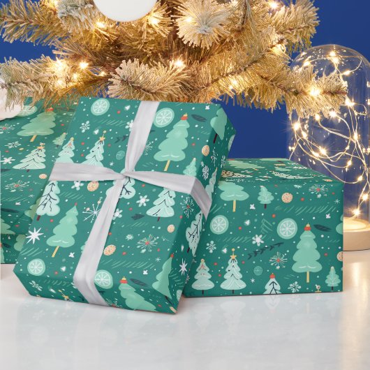 緑のクリスマスツリーのギフトラッピング紙 ラッピングペーパー (クリスマス)