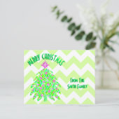 緑のクリスマスツリーカラフルのシボストライプロン シーズンポストカード (スタンド正面)