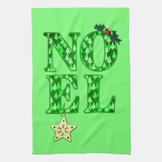 緑のクリスマスツリーパターンのNOEL キッチンタオル (縦)
