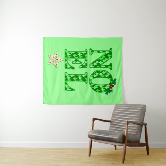 緑のクリスマスツリーパターンのNOEL タペストリー (インサイチュ(横))