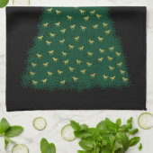 緑のクリスマスツリー走、金ゴールドの馬の黒 キッチンタオル (折り畳み)