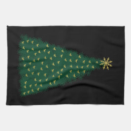 緑のクリスマスツリー走、金ゴールドの馬の黒 キッチンタオル