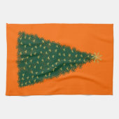 緑のクリスマスツリー走、金ゴールドの馬、オレンジ キッチンタオル (横)