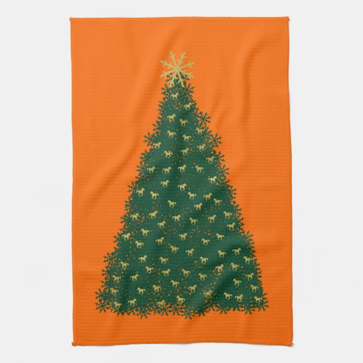 緑のクリスマスツリー走、金ゴールドの馬、オレンジ キッチンタオル (縦)