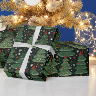 緑のクリスマスツリー雪の結晶ブラッククリスマス ラッピングペーパー