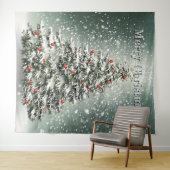 緑のクリスマスツリー カラフルなオーナメント 白い雪 タペストリー (インサイチュ(横))