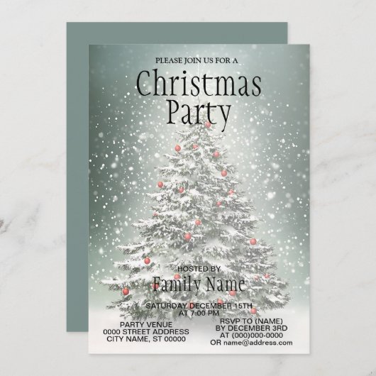 緑のクリスマスツリー カラフルなオーナメント 白い雪 招待状 (正面/裏面)