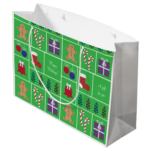 緑のクリスマスパターン大きいギフトバッグ ラージペーパーバッグ (裏面アングル)