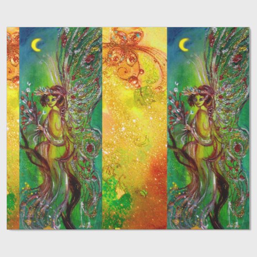 緑のクリスマスフェアリー、金ゴールドの輝き、フローラの渦巻き ラッピングペーパー (フラット)