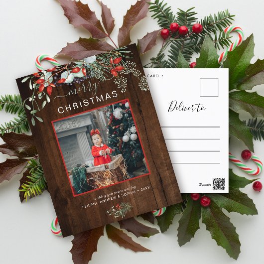 緑のクリスマスフォトウォーターカラーダークウッド シーズンポストカード