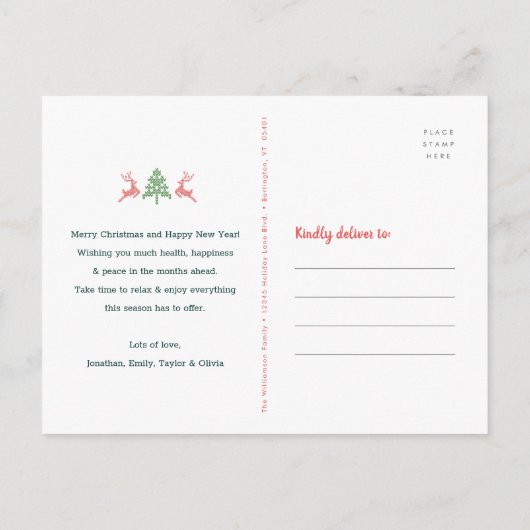 緑のクリスマスフォトノルディック醜いセータータッキー シーズンポストカード (裏面)