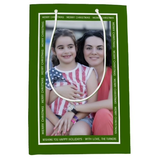緑のクリスマスホリデーフォトを作成する ミディアムペーパーバッグ (正面)
