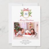 緑のクリスマスホリデー付きモノグラムクレスト シーズンカード (正面)