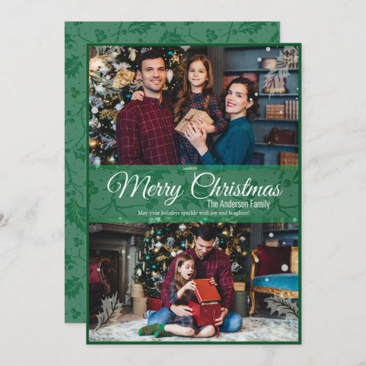 緑のクリスマスホリーリーフグリーンフレーム2写真 シーズンカード (正面/裏面)