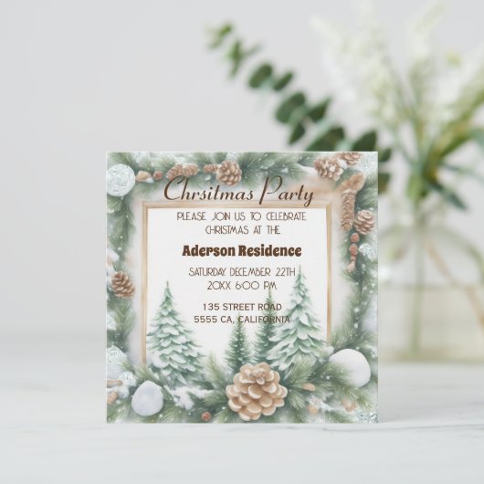 緑のクリスマスボタニカルフレーム明るい背景 招待状 (スタンド正面)