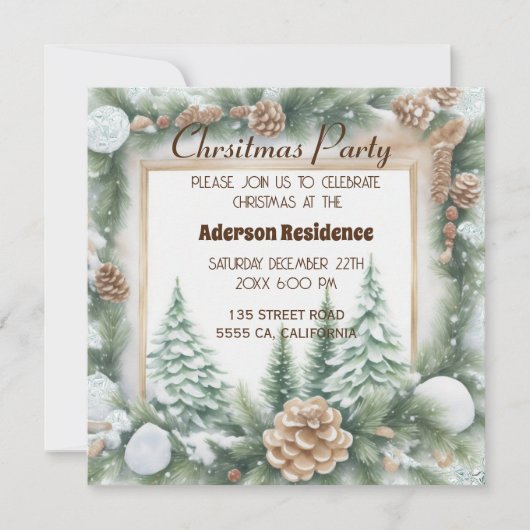 緑のクリスマスボタニカルフレーム明るい背景 招待状 (正面)