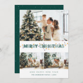 緑のクリスマスライトススススノー3フォトコラージュ シーズンカード (正面/裏面)