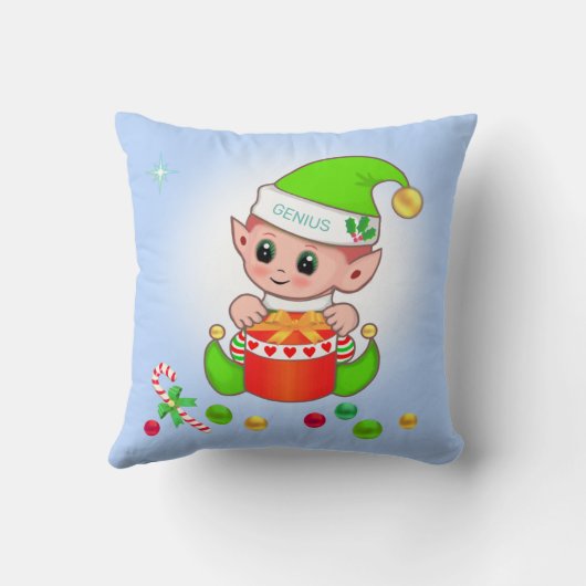 緑のクリスマス小妖精や小人とライトブルーのクリスマスプレゼント クッション (裏面)