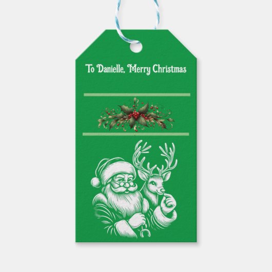 緑のクリスマス美しいサンタクロース ギフトタグ (正面)