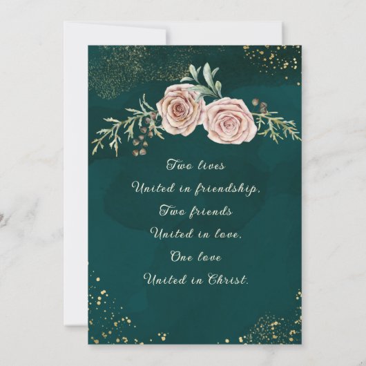 緑のクリスマス ウェディングのピンクのバラ 招待状 (裏面)