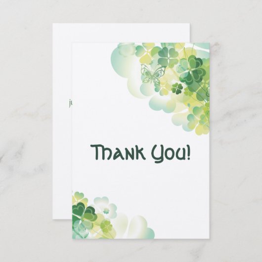 緑のクローバーおよび蝶コーナーは感謝していしています サンキューカード (正面/裏面)