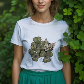 緑のクローバーの葉に囲まれたかわいい猫 トライブレンドTシャツ