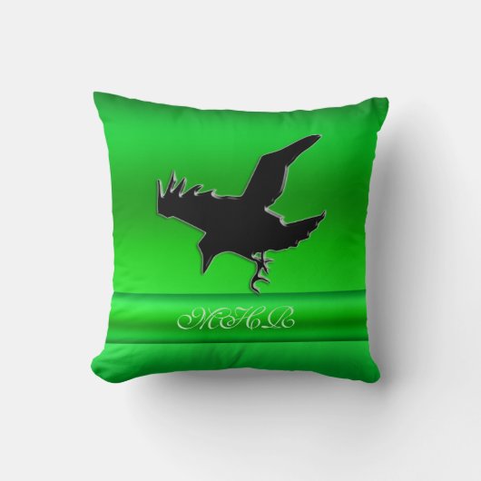緑のクローム効果のモノグラム、黒のRavenロゴ クッション (正面)