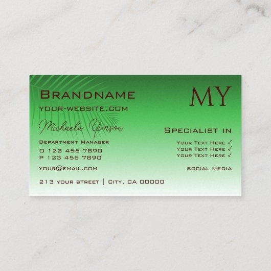 緑のグラデーションの椰子の葉とモノグラムスタイリッシュ 名刺 (裏面)