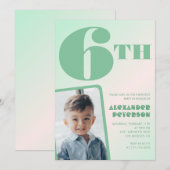 緑のグラデーションの6歳の誕生日招待状 男の子 写真付き 招待状 (正面/裏面)