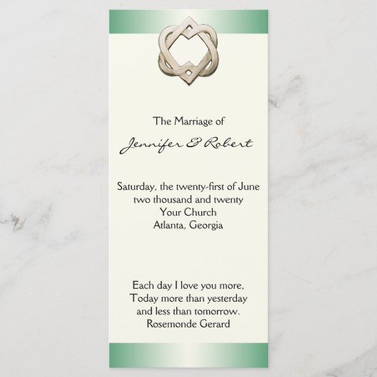 緑のグラデーション上のケルトハート結婚式 プログラム (正面)