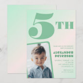 緑のグラデーション5th誕生日招待状Boy Photo 招待状 (正面/裏面)